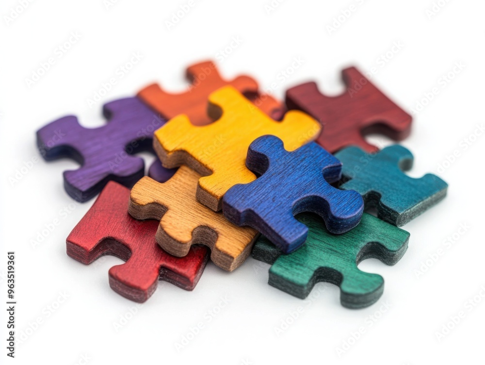 Puzzle pieces of various colors and patterns coming together, symbolizing the interconnectedness of diversity in woke culture, isolated on white background Puzzle pieces of various colors and patterns coming together, symbolizing the interconnectedness of diversity in woke culture, isolated on white background