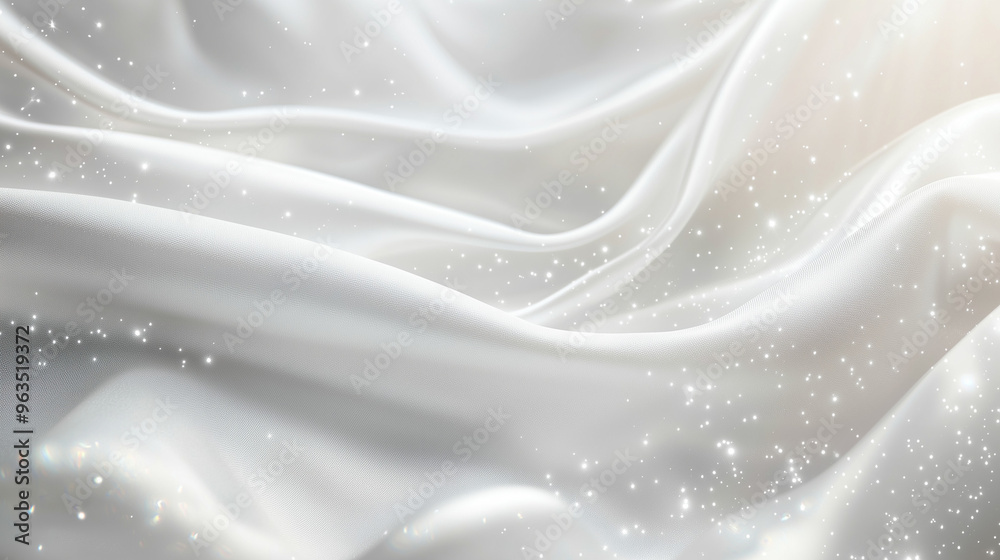 Smooth, flowing white fabric or waves with a soft, glowing effect and scattered sparkles, creating a serene, ethereal atmosphere