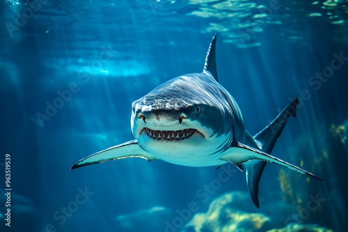 A great white shark swims towards the camera with its mouth open, showing sharp teeth, in a deep blue ocean.