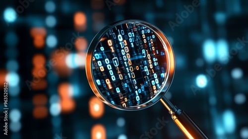 A magnifying glass focuses on a string of binary code, symbolizing the importance of data security, privacy, and the need to examine digital information closely. The blurred background of binary code 