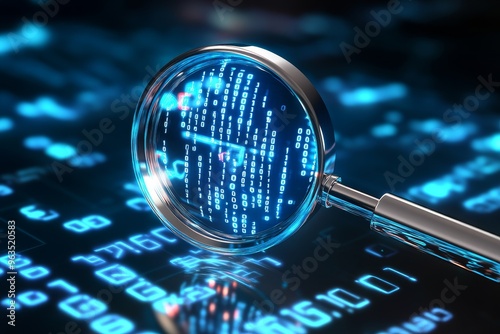 A magnifying glass is placed over a field of binary code, symbolizing the examination, analysis, and understanding of data in the digital age. It represents the process of investigation, discovery, an