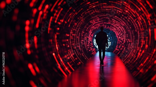 A man walks through a tunnel of red lights. The tunnel is lined with glowing circles, creating a futuristic and psychedelic effect. The red lights symbolize passion, energy, and the unknown. The tunne photo