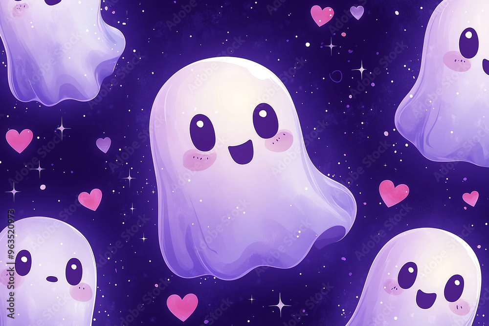 Halloween or Valintine style pattern wallpaper. Cartoon character background. illustration of cute ghosts with hearts at the pink background Halloween or Valintine style pattern wallpaper. Cartoon character background. illustration of cute ghosts with hearts at the pink background
