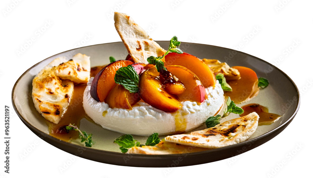 Creamy Whipped Ricotta with Roasted Peaches and Pita Slices, Drizzled with Balsamic Isolated On White Background Creamy Whipped Ricotta with Roasted Peaches and Pita Slices, Drizzled with Balsamic Isolated On White Background