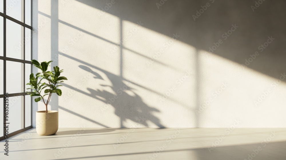 A modern and empty room with sunlight streaming through a large window, casting shadows on the walls and floor. The room is decorated with a single plant in a pot, adding a touch of life and freshness A modern and empty room with sunlight streaming through a large window, casting shadows on the walls and floor. The room is decorated with a single plant in a pot, adding a touch of life and freshness