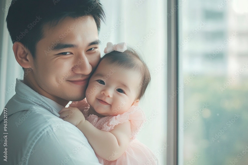 Asian father carry and hug adorable baby girl , happy family and father day concept .generative ai Asian father carry and hug adorable baby girl , happy family and father day concept .generative ai