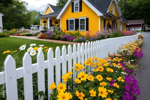 Country house with a white picket fence, bursting with wildflowers spilling over the edges, vibrant in the summer heat