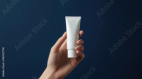 A minimalist hand holding a facial cleanser tube mockup against a deep blue background