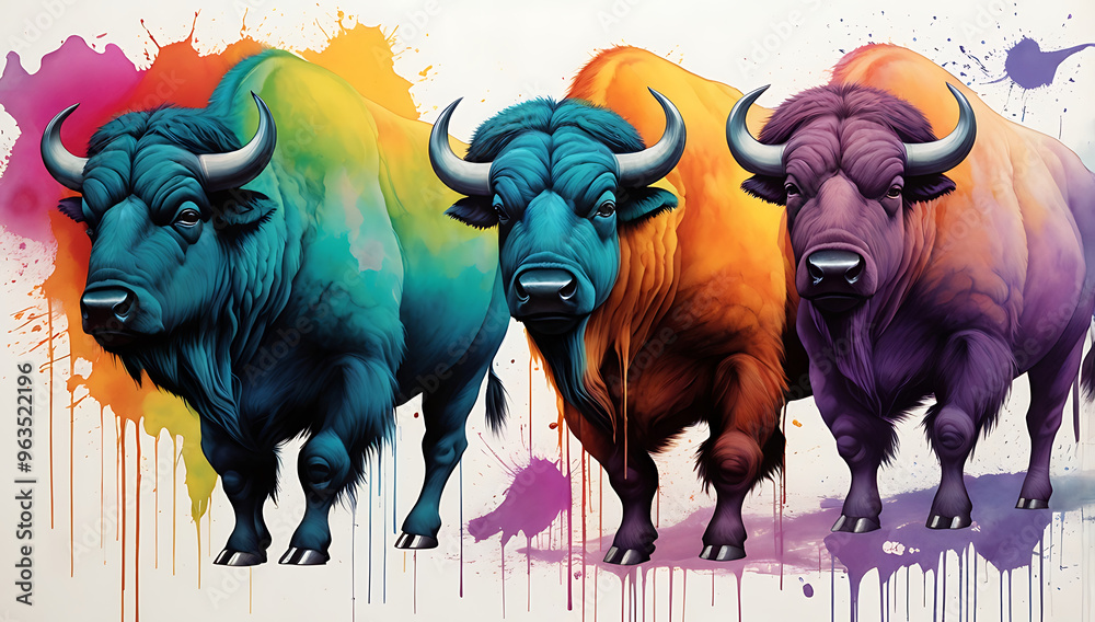 four cow each painted in a different array of bright, rainbow colors, with splashes of paint surrounding them, adding a dynamic and artistic feel four cow each painted in a different array of bright, rainbow colors, with splashes of paint surrounding them, adding a dynamic and artistic feel