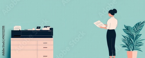 A simple drawing of a person standing by a printer, collecting documents or handling office tasks