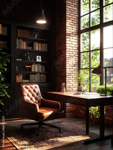 Wallpaper Mural A modern psychologist's office with a leather chair, a desk, and a bookshelf. The office features exposed brick walls, a large window with natural light, and a warm, inviting atmosphere. The office sy Torontodigital.ca