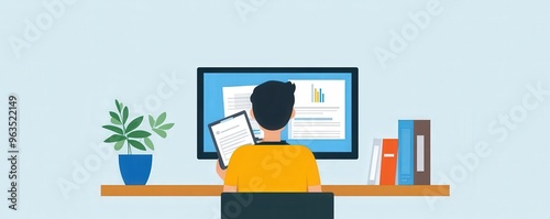 A simple illustration of a person reading a report in front of a computer monitor, with minimal background elements
