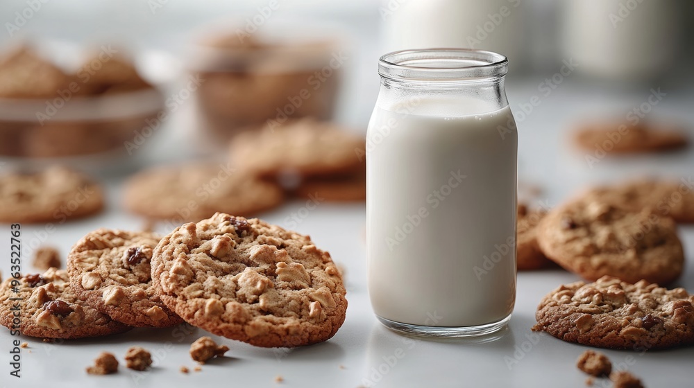 Glass of milk with oatmeal cookies on Glass of milk with oatmeal cookies on