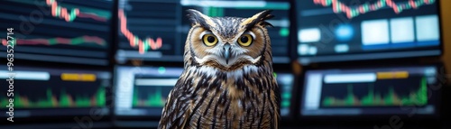 An owl sitting in front of multiple forex market screens, representing a wise trader analyzing currency trends and making wellinformed trading decisions photo