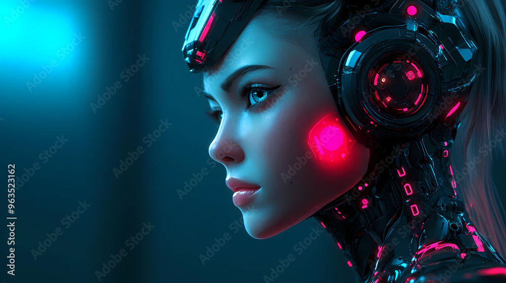 Portrait of a female cyborg robot. concept for artififial intelligence. designed using generative ai. Cyborg. Illustration