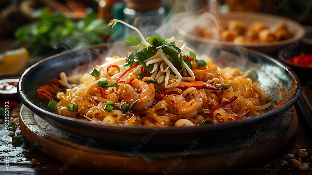 Steaming plate of Pad Thai noodles with shrimp, bean sprouts, green onions, and red pepper. Steaming plate of Pad Thai noodles with shrimp, bean sprouts, green onions, and red pepper.