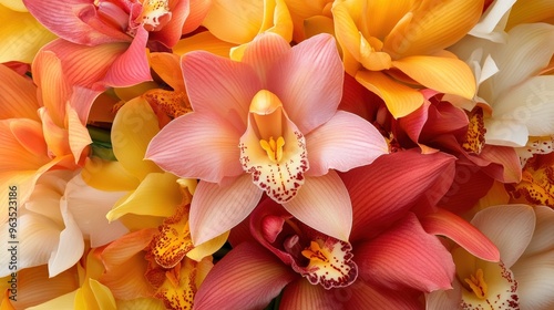 A vibrant display of Cymbidium orchids in a bouquet, with their large, colorful blooms photo