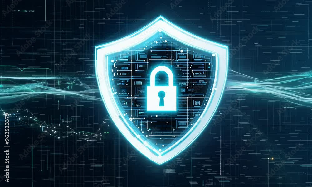 Cyber security concept. Shield With Keyhole icon on digital data background. Cyber data security or information privacy idea. Blue abstract hi speed internet technology. Video