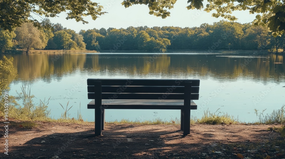 A Single Bench Facing a Tranquil Lake in a Lush Forest A Single Bench Facing a Tranquil Lake in a Lush Forest