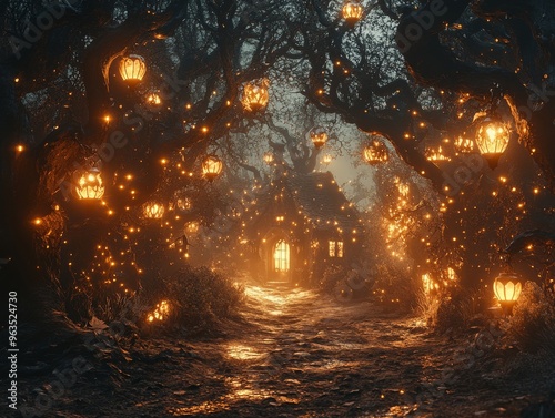 In a spooky forest scene, glowing pumpkin faces illuminate twisted trees and a mysterious house in the mist.