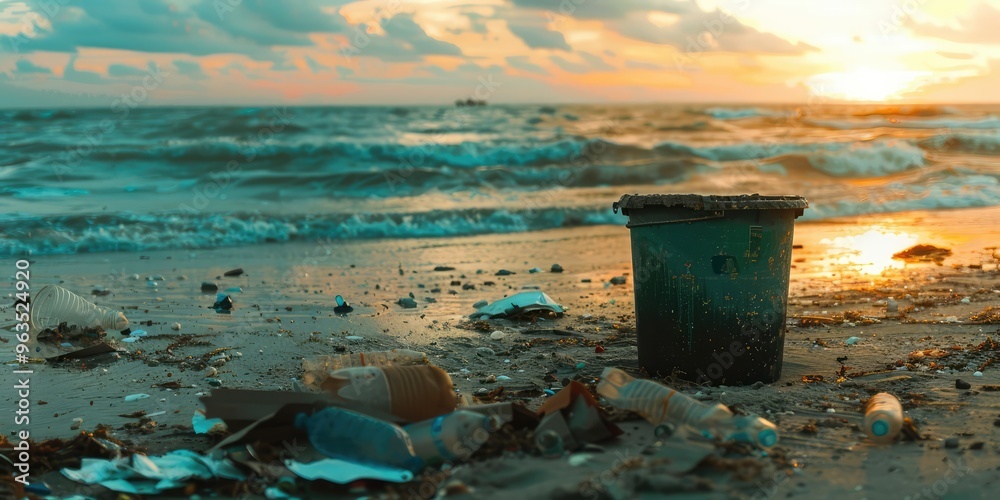 Naklejka premium Pollution on the Beach. AI generated illustration.