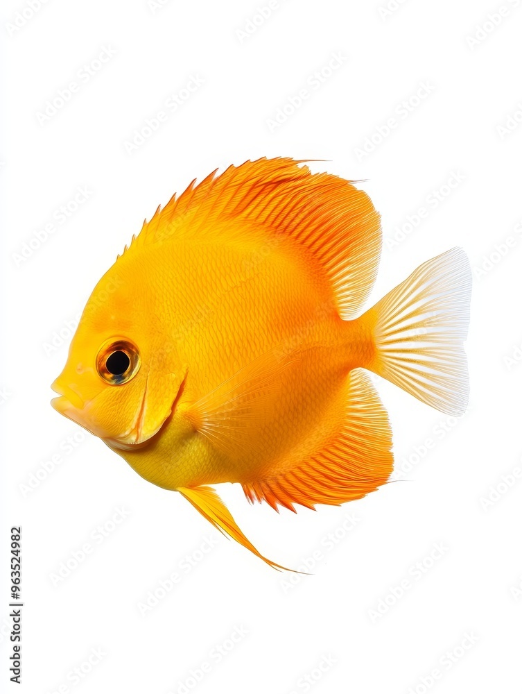 A single, bright yellow angelfish with long fins swims gracefully towards the viewer. The fish is isolated on a white background, creating a clean and professional image. The angelfish symbolizes beau A single, bright yellow angelfish with long fins swims gracefully towards the viewer. The fish is isolated on a white background, creating a clean and professional image. The angelfish symbolizes beau