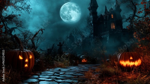 Here's a Halloween scene with glowing pumpkins, a haunted castle, and a full moon, creating an eerie mood.