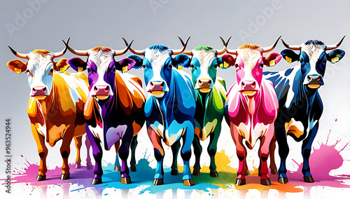 four cow each painted in a different array of bright, rainbow colors, with splashes of paint surrounding them, adding a dynamic and artistic feel