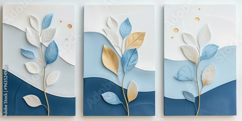 Blue and Gold Leaves Triptych. AI generated illustration.