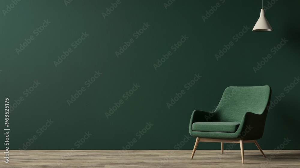 A single green armchair sits against a dark green wall in a minimalist living room. The simple design of the chair and the empty space around it create a sense of calm and tranquility. The chair invit A single green armchair sits against a dark green wall in a minimalist living room. The simple design of the chair and the empty space around it create a sense of calm and tranquility. The chair invit