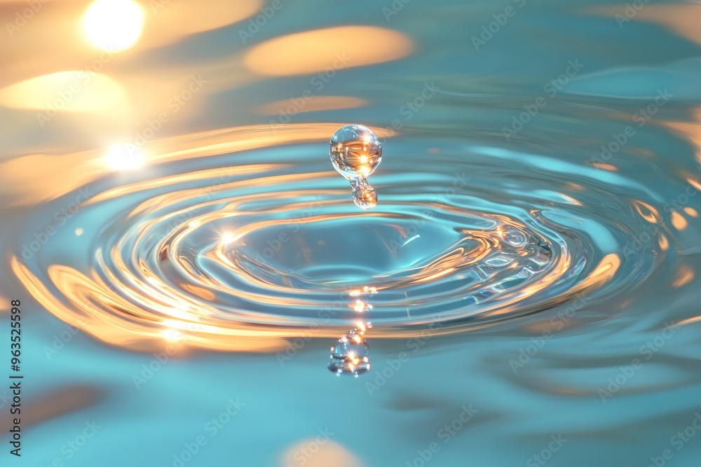 A single water droplet creates a mesmerizing pattern of ripples on the surface of the water. The light reflecting off the ripples creates an abstract, almost ethereal effect. The image is a captivatin A single water droplet creates a mesmerizing pattern of ripples on the surface of the water. The light reflecting off the ripples creates an abstract, almost ethereal effect. The image is a captivatin