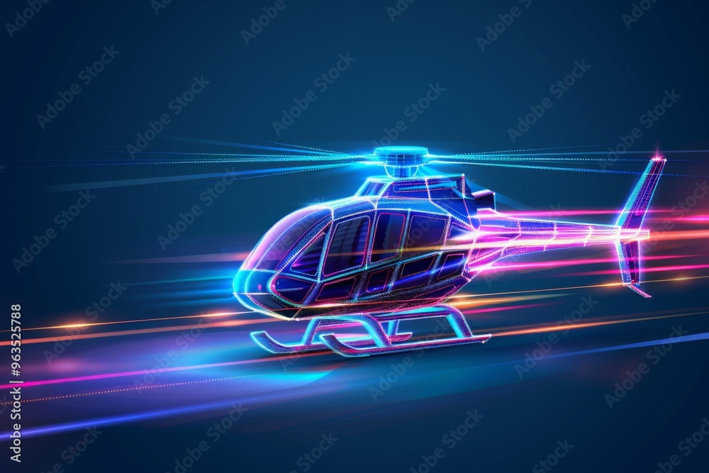 Digital blue high-speed chopper helicopter in low poly wireframe, Smart Helicopte, intelligent aviation technology, Advanced Aerial Technology, Futuristic Air Travel. Digital blue high-speed chopper helicopter in low poly wireframe, Smart Helicopte, intelligent aviation technology, Advanced Aerial Technology, Futuristic Air Travel.