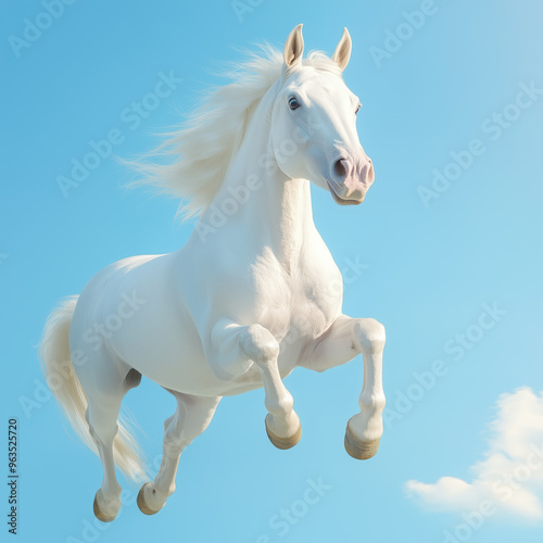 Majestic white horse jumping against a clear blue sky