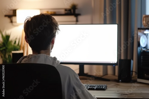 A man is sitting in front of a computer monitor with a blank screen, generative ai image