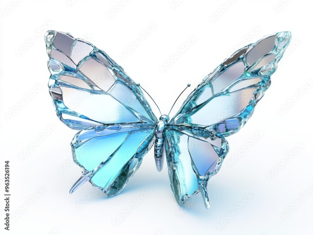 Elegant blue glass butterfly with mosaic wings on a white background, showcasing intricate design and delicate craftsmanship.