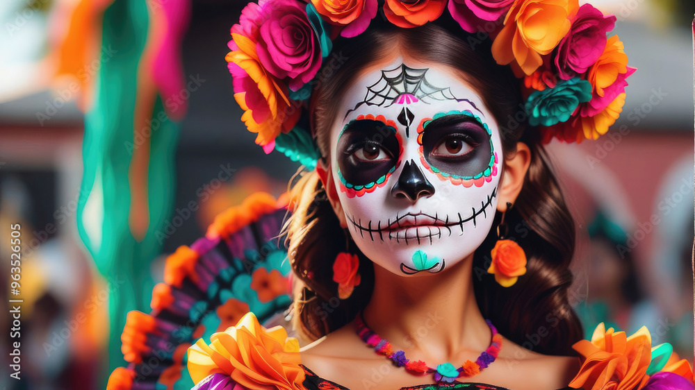 Portrait young woman with makeup for Day of the Dead in Mexican costumes. Portrait young woman with makeup for Day of the Dead in Mexican costumes.