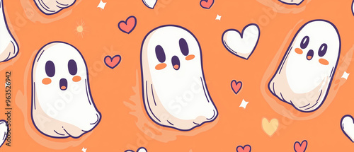 Halloween or Valintine style pattern wallpaper. Cartoon character background. illustration of cute ghosts with hearts at the pink background photo