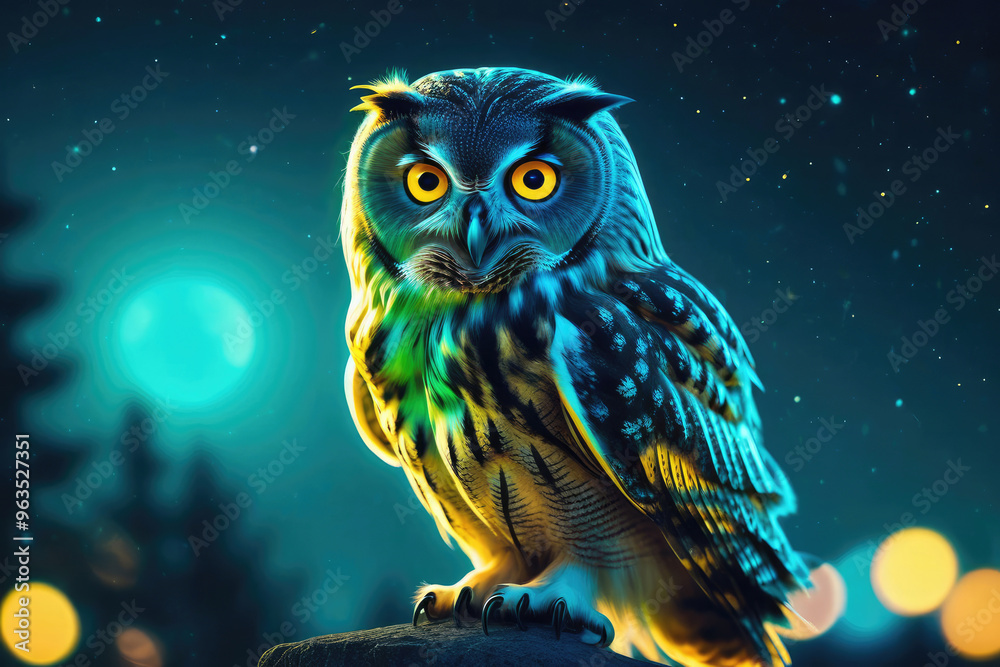 Majestic owl perched on a branch under a full moon on a mystical night. Majestic owl perched on a branch under a full moon on a mystical night.