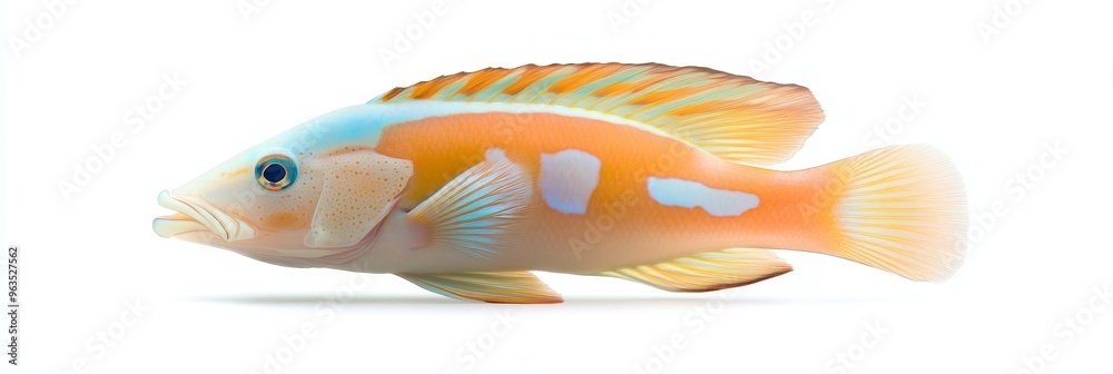 A stunningly colorful wrasse fish, isolated on a white background, showcases its intricate patterns and vibrant hues. Its sleek body and captivating colors make it a captivating subject for any aquari A stunningly colorful wrasse fish, isolated on a white background, showcases its intricate patterns and vibrant hues. Its sleek body and captivating colors make it a captivating subject for any aquari