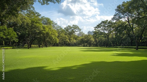 Lush Green Grass Lawn Surrounded by Trees and a Building in the Distance