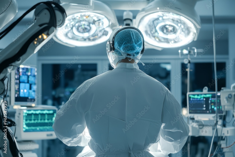 A surgeon stands in a modern operating room, wearing a surgical gown and mask, with a robotic arm in the background.  The surgeon is using augmented reality technology during a procedure.  This image 