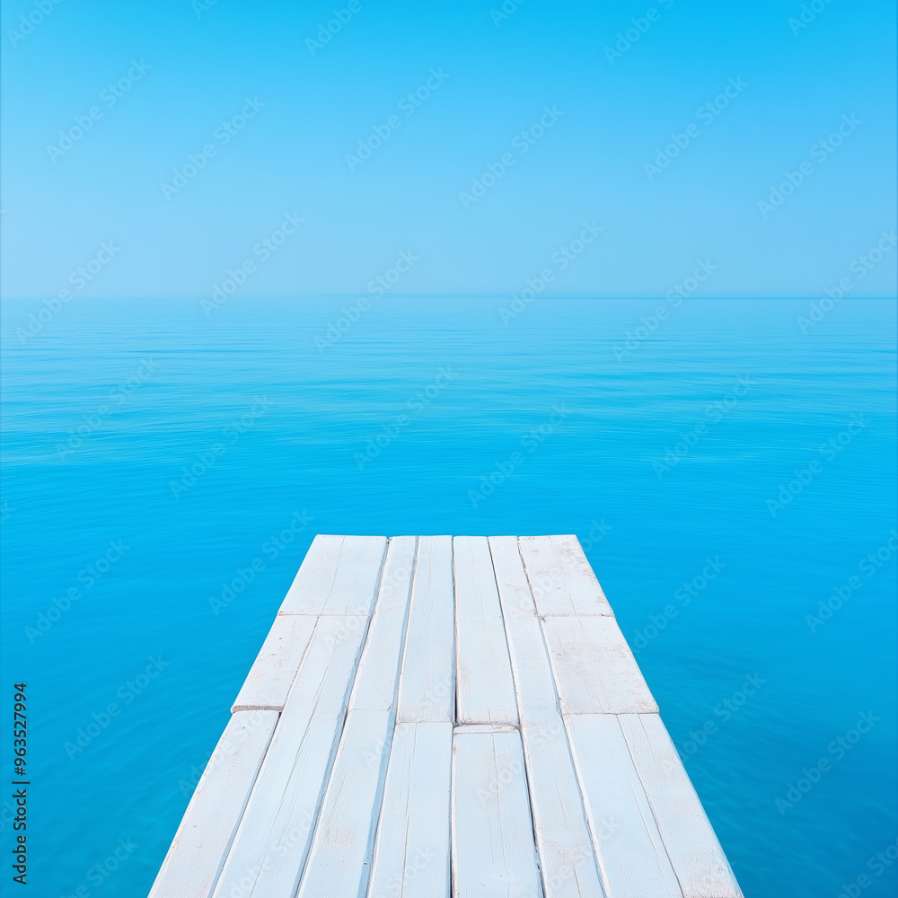 Serene wooden dock extending over calm blue waters Serene wooden dock extending over calm blue waters