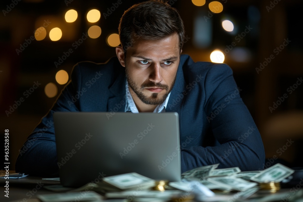 Mafia accountant working late into the night hiding millions through complex financial schemes Mafia accountant working late into the night hiding millions through complex financial schemes