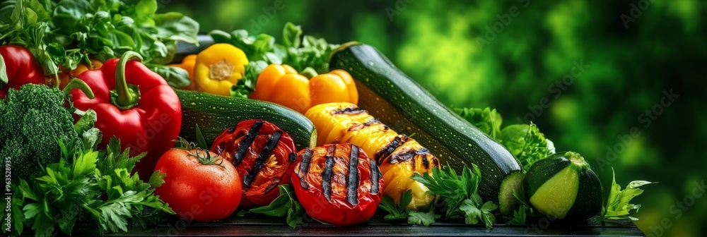 A vibrant display of fresh and grilled vegetables, including red bell peppers, tomatoes, zucchini, yellow bell peppers, and broccoli, arranged on a wooden surface against a lush green background. This A vibrant display of fresh and grilled vegetables, including red bell peppers, tomatoes, zucchini, yellow bell peppers, and broccoli, arranged on a wooden surface against a lush green background. This