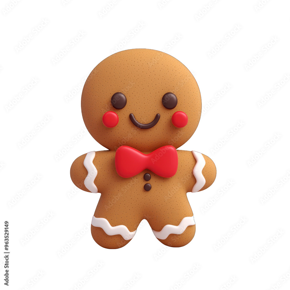 A cheerful gingerbread cookie with a bow tie, perfect for holiday-themed designs and festive decorations. 3d render A cheerful gingerbread cookie with a bow tie, perfect for holiday-themed designs and festive decorations. 3d render