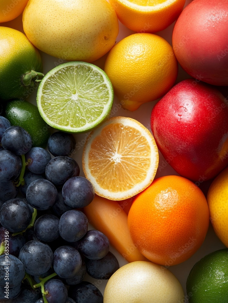 A vibrant display of fresh fruits and vegetables, including lemons, limes, oranges, grapes, and a red apple. This image represents a healthy and colorful diet, full of vitamins and antioxidants.