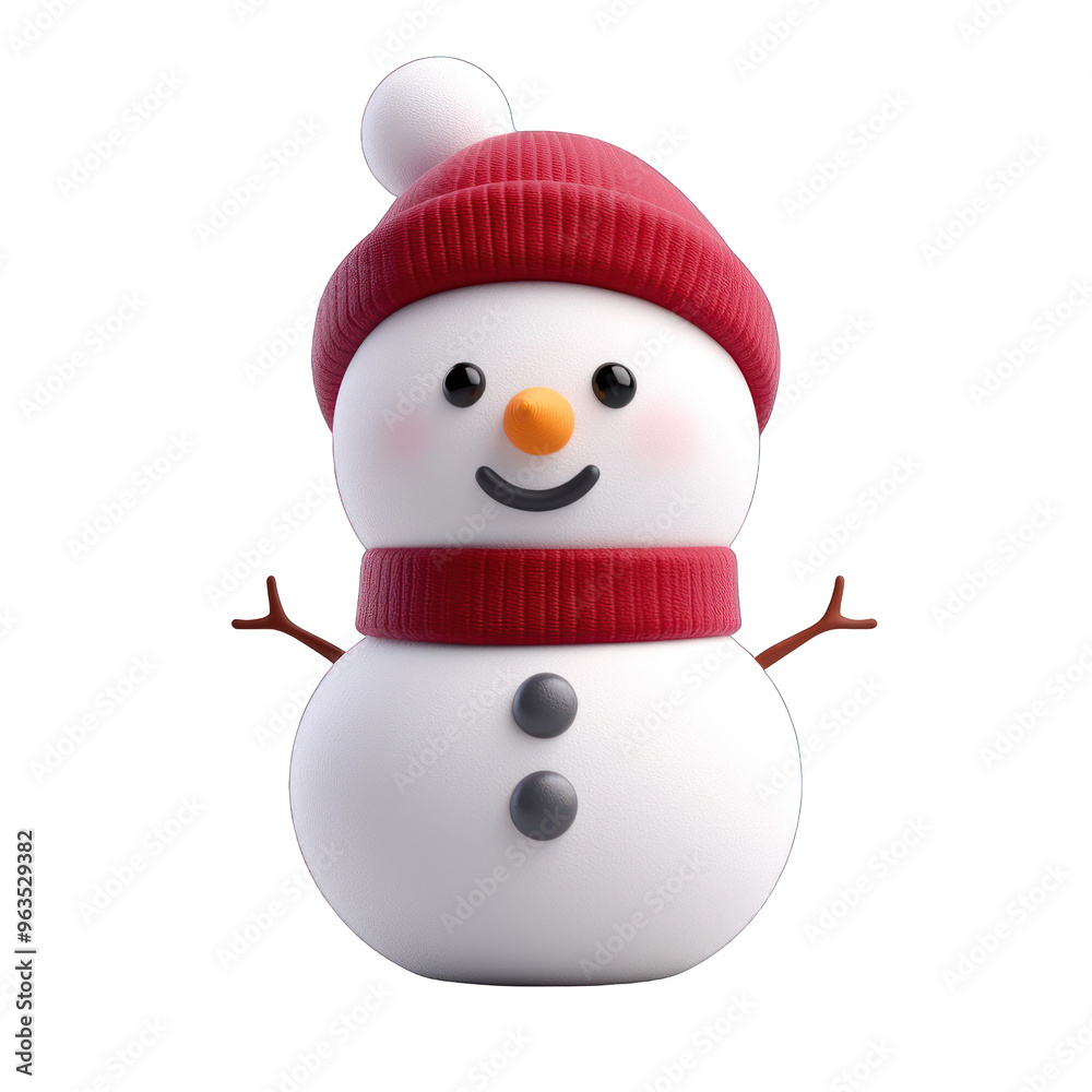 A cheerful snowman with a red hat and scarf, perfect for winter-themed designs and holiday greetings. 3d render