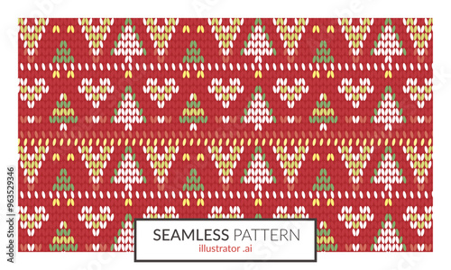 Motif répétitif vectoriel style pull moche de Noël, maille de tricot avec des sapins verts et des cœurs sur fond de laine rouge, pour carterie, décoration et papier cadeau de fêtes