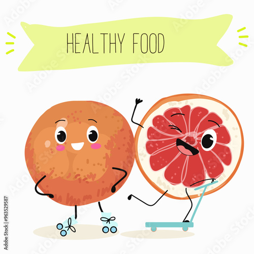 Funny fruity grapefruit characters. Comic elements, hand drawn style. Vector illustration for stickers, posters, prints. Funny fruits.