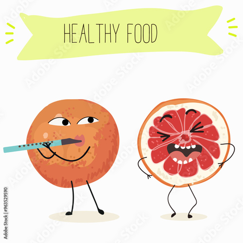 Funny fruity grapefruit characters. Comic elements, hand drawn style. Vector illustration for stickers, posters, prints. Funny fruits.